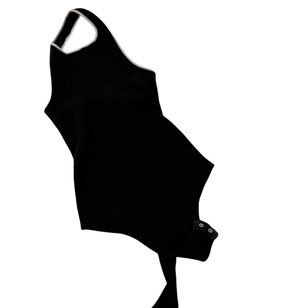 Le Lis Collection Black Ribbed Halter Bodysuit White Trim XS Sleeveless Snap Top